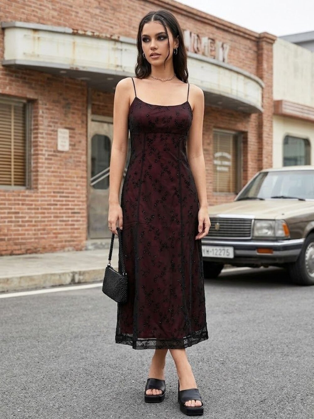 Vintage Y2K Maxi Dress Size 8 Burgundy Red Black Mesh Overlay Glitter Prom Gown